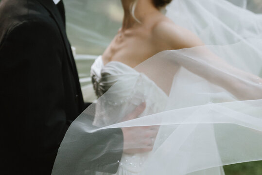 Romantic Bride and Groom Embracing Behind Flowing Wedding Veil, Dreamy Close Up of Newlywed Couple Outdoors