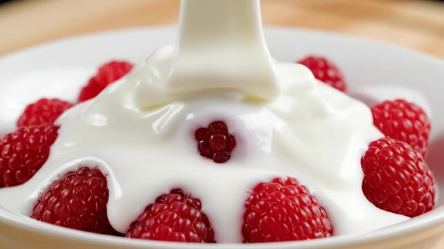 Close-up of thick white yogurt pouring over fresh ripe raspberries in ceramic bowl
