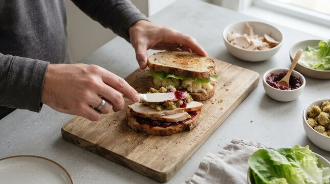 Man making a thanksgiving turkey leftover sandwich with cranberry sauce and stuffing on a cutting board