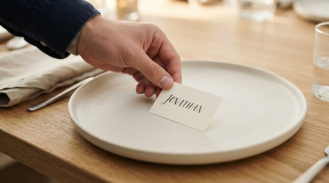 Setting the table with a placeholder card with the name Jonathan for a formal wedding dinner event