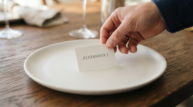 Man setting place card on white plate at rustic dining table for wedding event