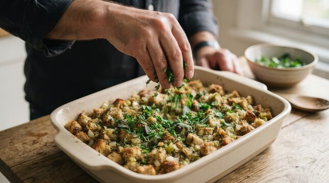 A middle-aged man adding fresh herbs to homemade stuffing in a baking dish for Thanksgiving dinner