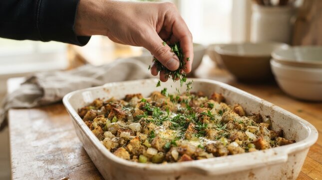 Chef sprinkling fresh chopped herbs over savory homemade stuffing in a baking dish