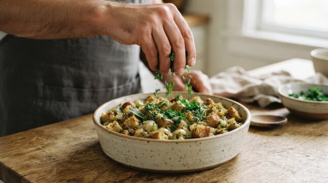 A male chef garnishing homemade Thanksgiving stuffing with fresh herbs in a ceramic bowl
