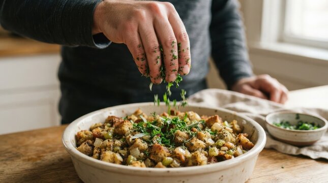 Chef garnishing traditional homemade stuffing with fresh herbs in a ceramic baking dish for holiday dinner
