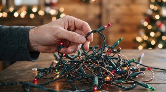 Man hands untangling Christmas string lights on wooden table for holiday decoration preparation