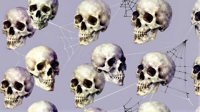 Skulls entangled in webs on a purple background, eerie and repeating pattern.