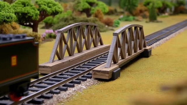 Miniature black steam locomotive with red wheels moves left away from a small truss bridge on model railway tracks, revealing green terrain, gravel ballast, and miniature trees