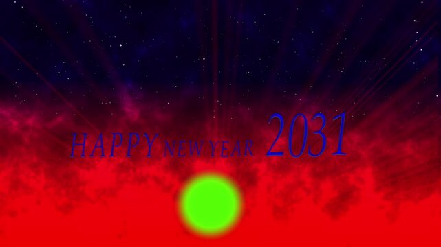 Happy new year 2031 celebration greeting with glowing sun and red nebula space background, holiday