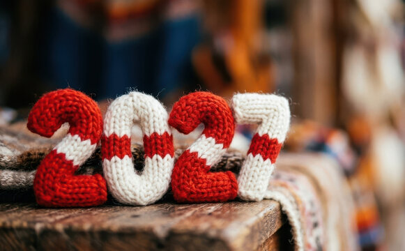 Knitted 2027 numbers on wooden table for new year celebration and winter greeting card design