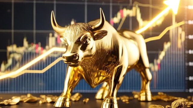 Golden Bull Statue with Rising Stock Market Graph and Gold Nuggets