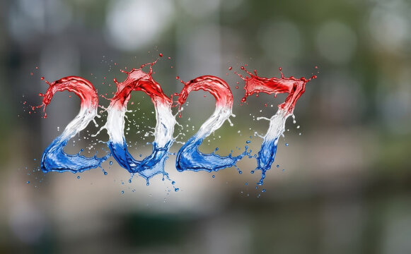 Water splash number 2027 in red white and blue colors representing future year concept