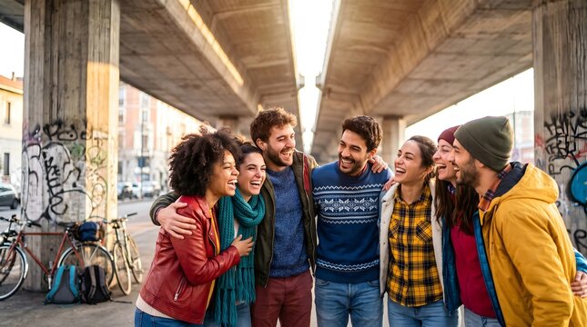 Joyful diverse friends embracing under urban bridge, their laughter reflecting strong human connection, mutual understanding, and vital societal tolerance