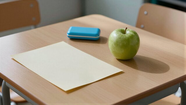 Green apple, blue case, and paper on a school desk.