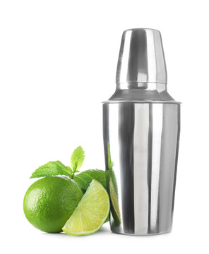 Shaker, mint and limes isolated on white