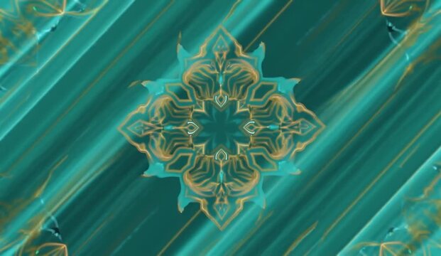 Abstract motion background featuring a rich turquoise and deep teal backdrop decorated with elegant golden linear Art Deco patterns