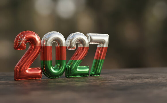 Oman 2027 balloons flag number celebration concept new year holiday design 3d render