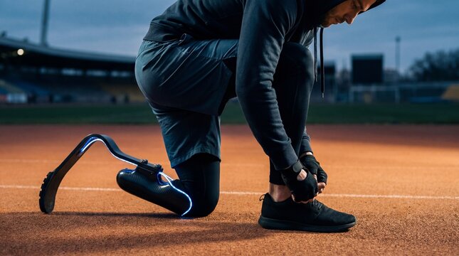 Amputee athlete with glowing bionic prosthetic leg tying shoe on stadium running track at twilight