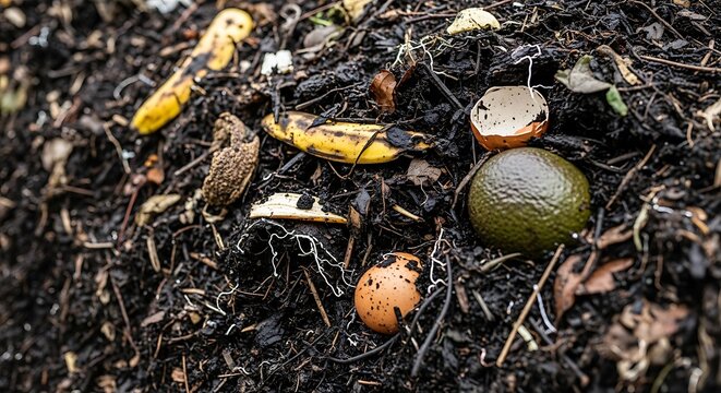 Organic compost heap with food waste scraps and fruit peels, fertilizer
