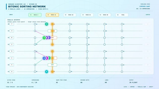 Interactive bitonic sorting network diagram and data visualization user interface screen.