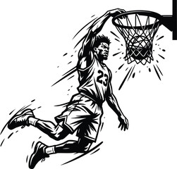Basketball player executing powerful slam dunk action vector illustration. © ROFIQUL