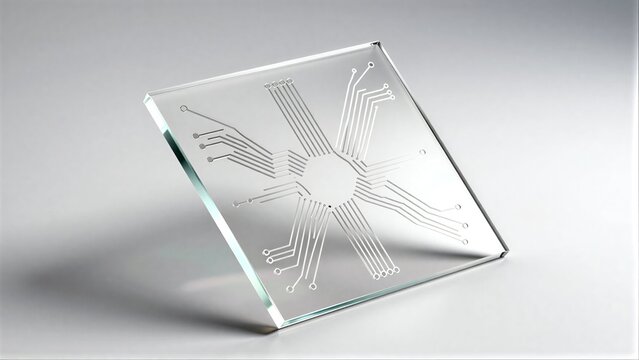 Transparent glass panel with intricate etched circuit patterns and small spherical indentations.
