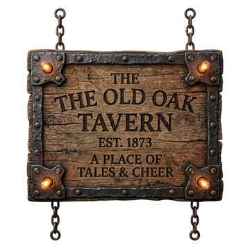 The old oak tavern sign with established date and cheerful message on transparent background