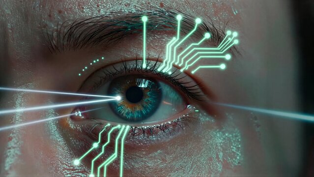 Human eye with glowing circuitry and laser beams, merging biology and technology.