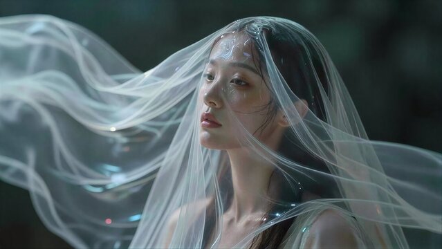 A woman in a flowing, translucent veil with tears and bubbles around her.
