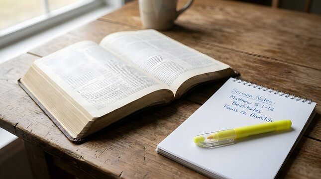 Handwritten Sermon Notes and Highlighter Beside Open Study Bible