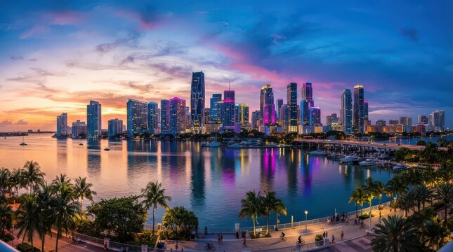 Stunning Miami Cityscape at Sunset with Vibrant Sky and Waterfront Reflections. Beautiful Skyline, Tropical Palms, Urban Beach Destination.