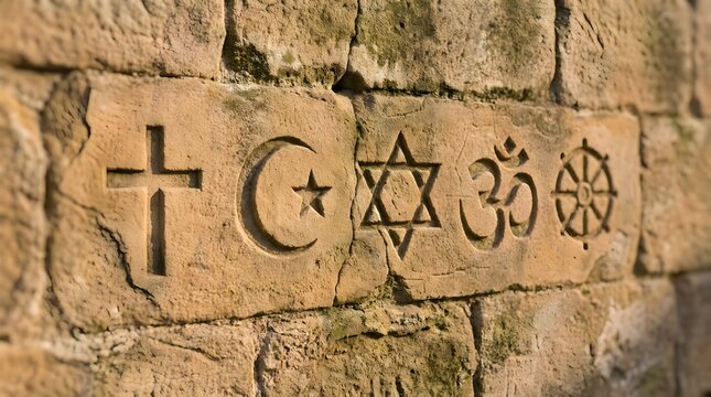 Interfaith Symbols Carved on Ancient Stone Wall Coexistence Concept