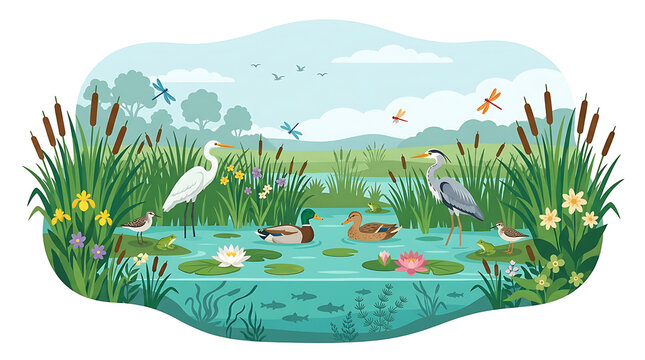 Wetland ecosystem illustration with diverse birds and aquatic plants
