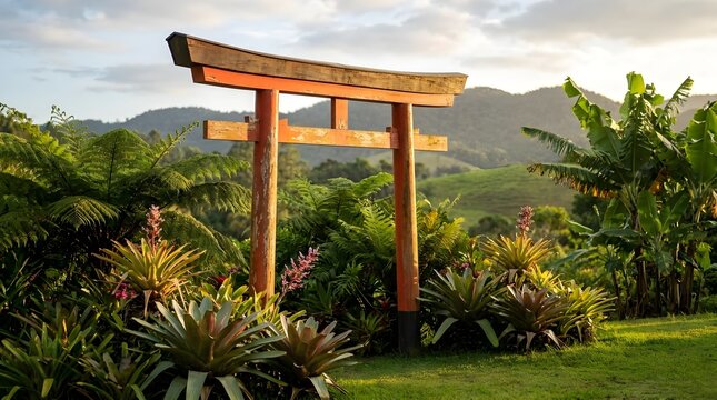 Japanese Torii Gate in Brazilian Countryside Garden