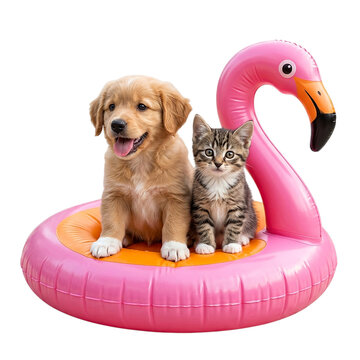Cute puppy and kitten sitting together on a pink flamingo float on transparent background