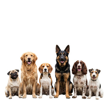 Group of six happy dogs sitting together with various breeds sitting on transparent background