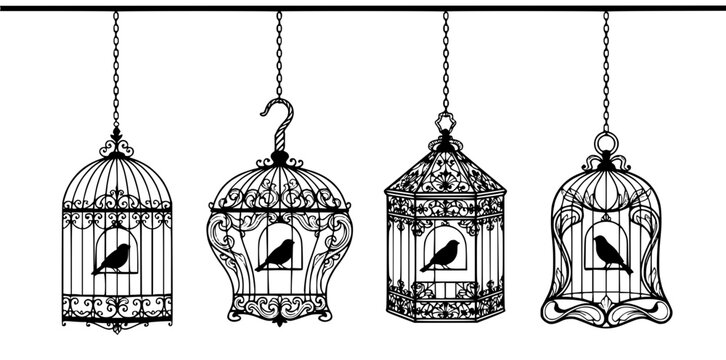 Black birds in ornate birdcages set with simple line art design featuring line art, illustrations, graphic resources with vector and design elements