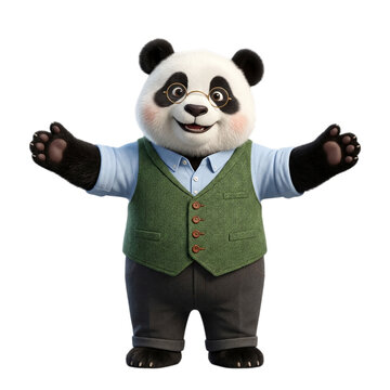 Friendly panda character wearing glasses and a vest with open arms on transparent background