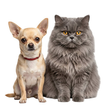Chihuahua and persian cat sitting together with both looking camera on transparent background