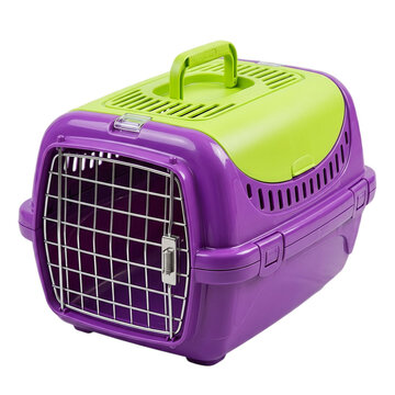 Colorful pet carrier in purple and green for transporting animals on transparent background