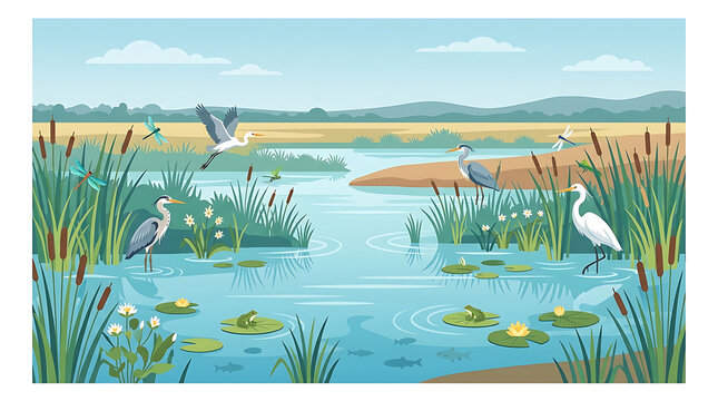 Herons and diverse wildlife living in a peaceful wetland ecosystem