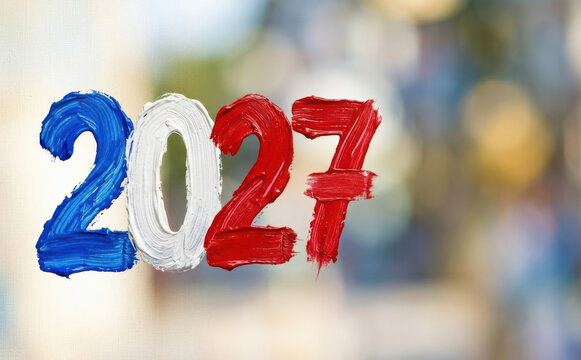 French colored 2027 painted on glass with blue white and red colors representing national politics