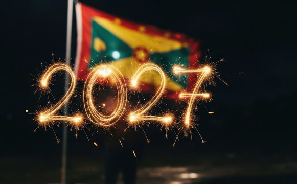 Grenada flag celebration with sparkling 2027 numbers for new year concept