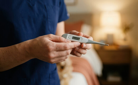 Nurse holding a digital thermometer showing body temperature in a healthcare setting representing illness and patient care