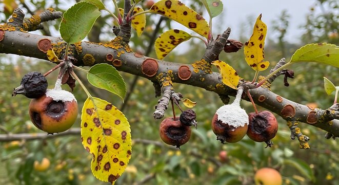 Diseased apple fruit on a branch with yellow spotted leaves, agriculture