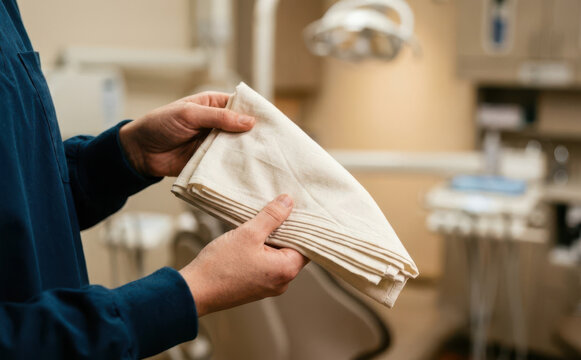 Dental assistant holding folded sterile cloth towel in modern dental clinic examination room
