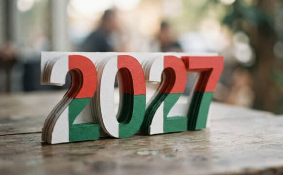 Three-dimensional paper craft numbers showing 2027 with red, white, and green colors on wooden table