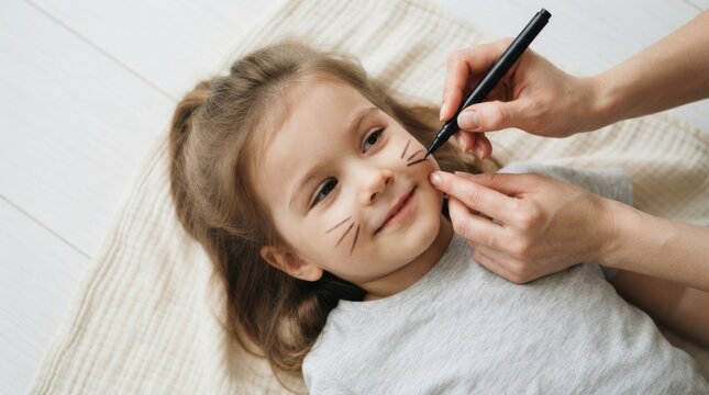Happy 4-year-old Caucasian girl getting cute cat whiskers drawn on her face with a black marker
