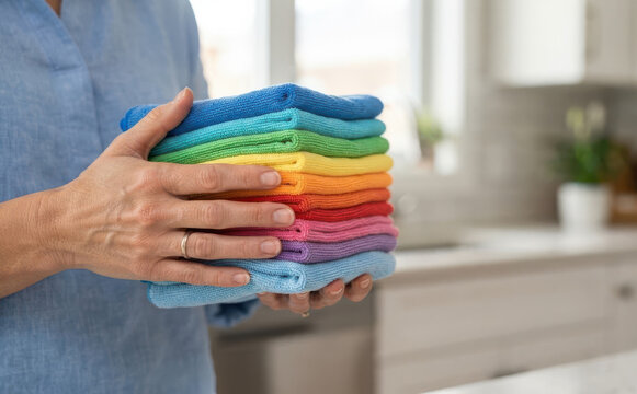 Woman holding stack of colorful microfiber cleaning cloths in kitchen