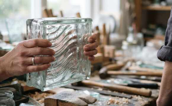 Glassmaker holding a textured glass block in a workshop, concept of artisan craft and interior design